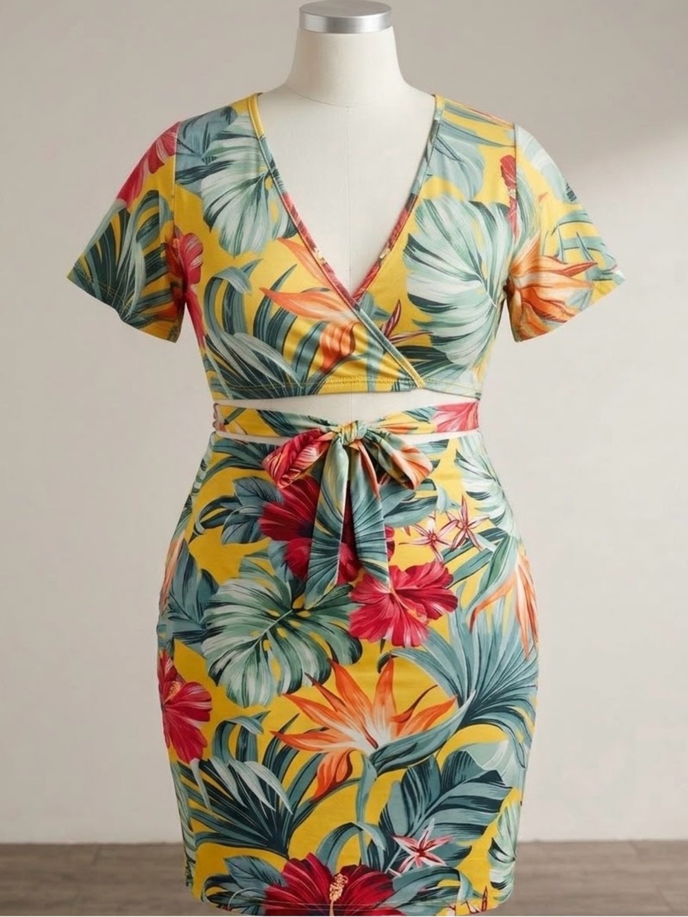 Yellow Tropical Tie-Front Crop Top with Leaf Print